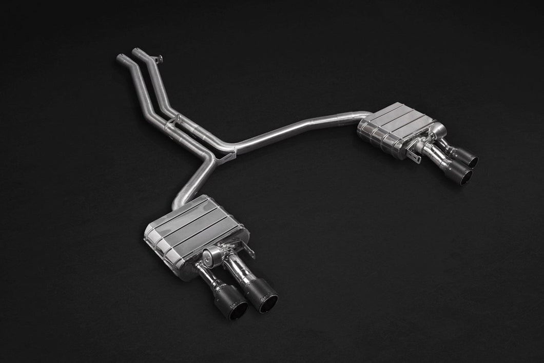 Universal Universal (ALL YEARS) Capristo Exhaust system with electric flaps to use the OEM actuators, front silencer and middle silencer replacement pipes, with colored anodized tail