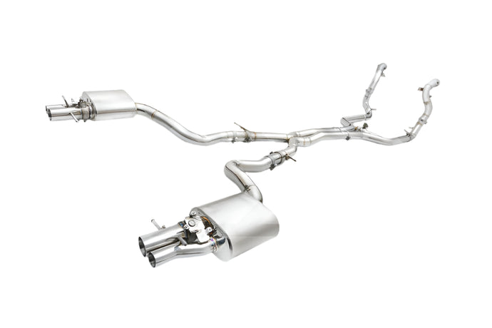 A high-performance valvetronic exhaust system for Mercedes Benz AMG GT63 / GT63 S X290 4 Door Coupe, made of stainless steel, displayed on a white background.
